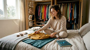 Une femme compose des tenues en associant les couleurs de ses vêtements chez elle.