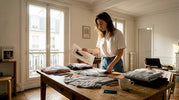 Une femme en pleine réflexion, sélectionnant le motif artistique qui viendra sublimer sa tenue.