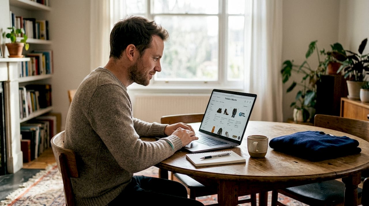 Un commerçant parcourt les dernières tendances mode sur son ordinateur portable.
