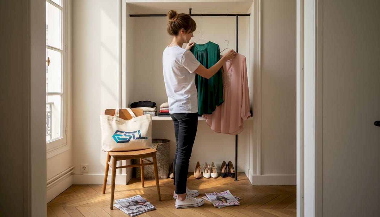 Dans son appartement, une jeune femme hésite devant son dressing, à la recherche de la tenue parfaite.