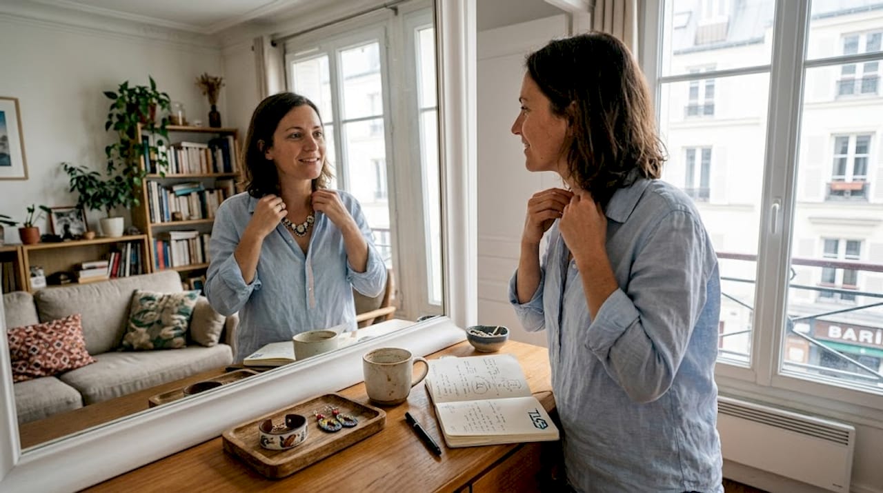 Chez elle, une femme prend le temps d’ajuster un accessoire fait main avec soin.