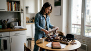 Assise à la table de la cuisine, baignée de lumière, une femme prend le temps de choisir ses accessoires avec soin.