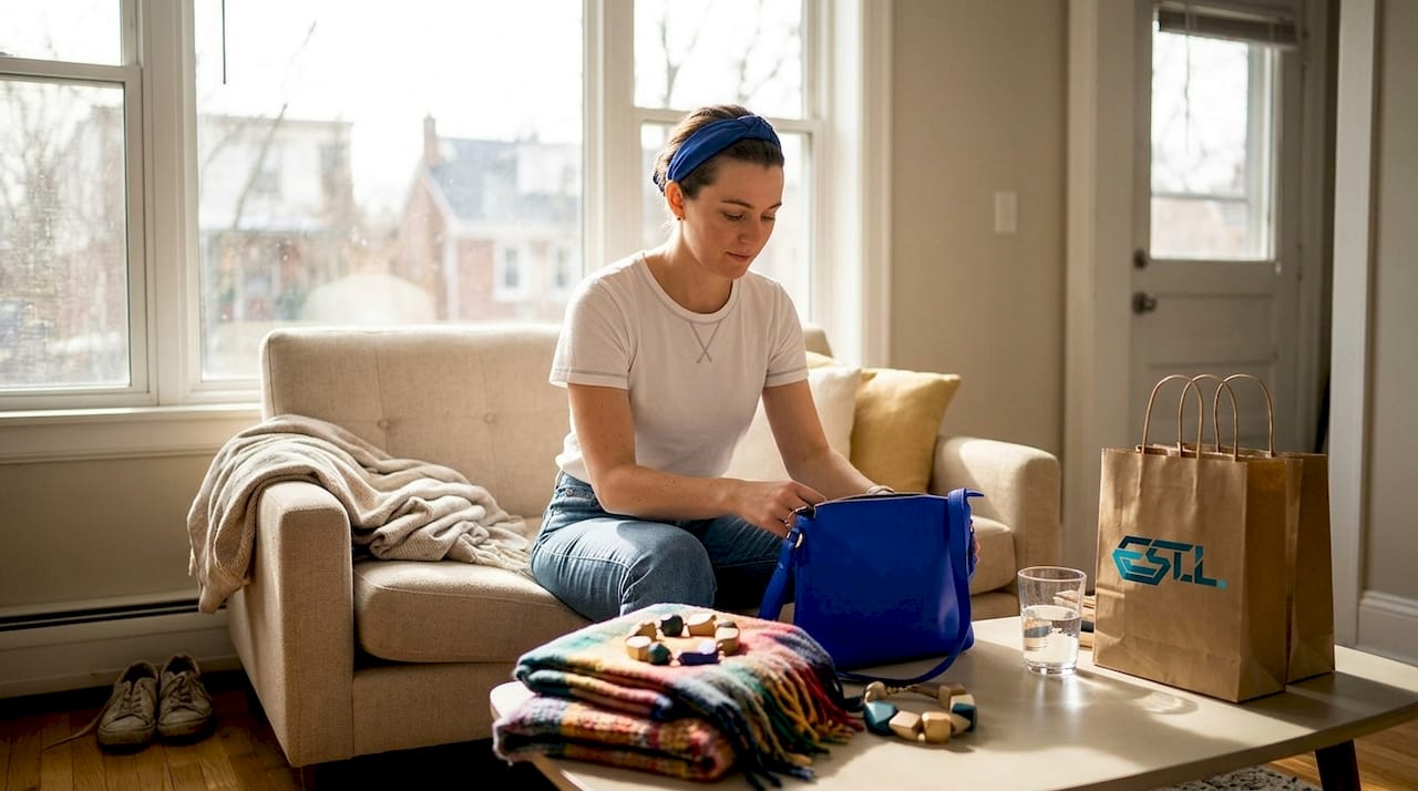 Une femme prend le temps de trier ses accessoires dans un salon baigné de soleil.