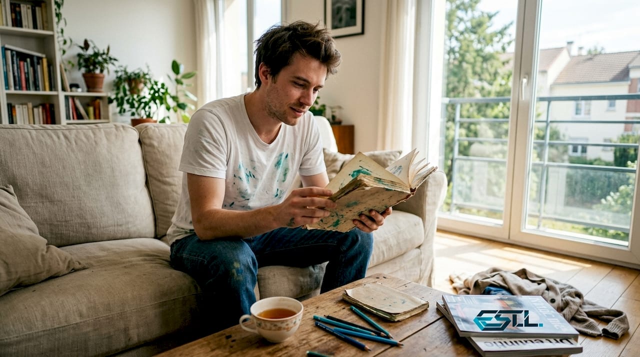 Un jeune adulte laisse libre cours à sa créativité en dessinant, installé confortablement dans un salon baigné de lumière.