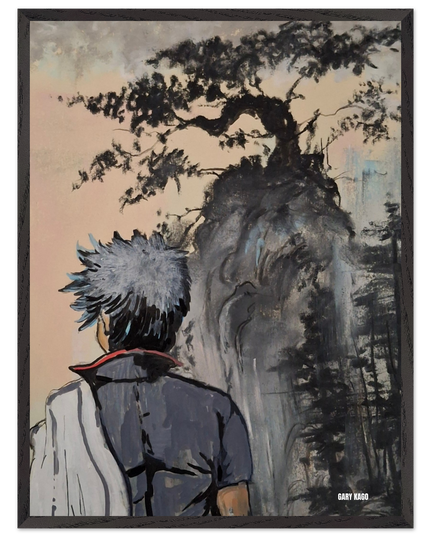 Gintoki pastel sec acrylique imprimé de Gary Kago, représentant un personnage contemplant un paysage symbolique.