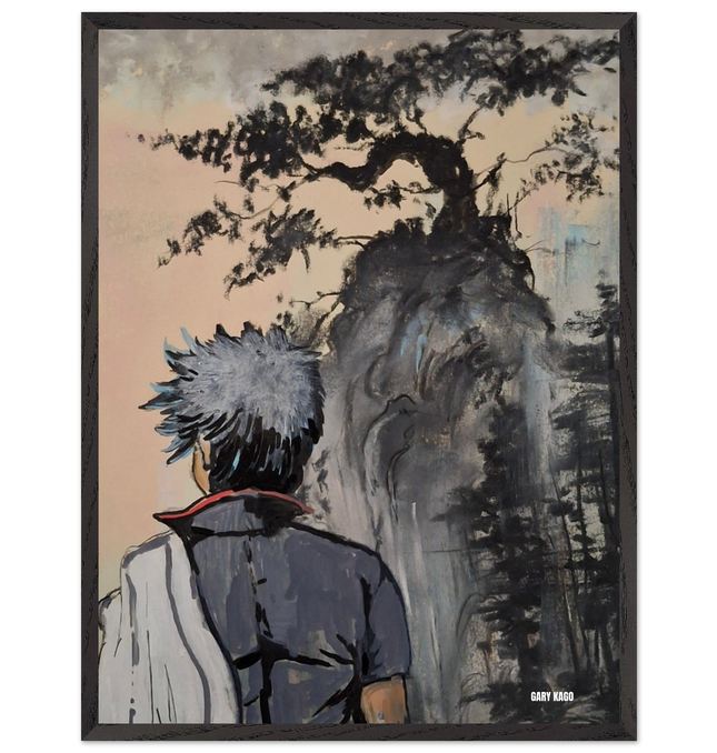 Gintoki pastel sec acrylique imprimé de Gary Kago, représentant un personnage contemplant un paysage symbolique.