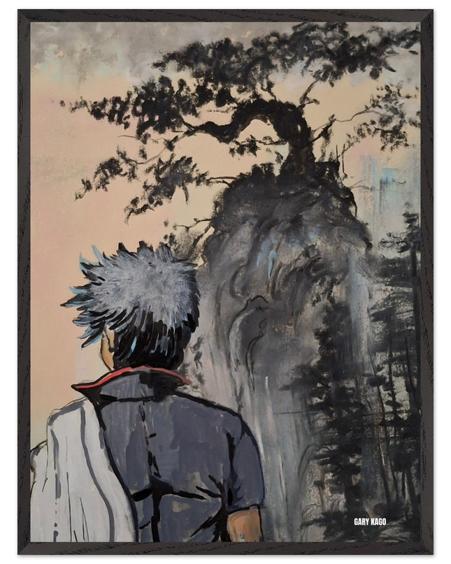 Gintoki pastel sec acrylique imprimé de Gary Kago, représentant un personnage contemplant un paysage symbolique.