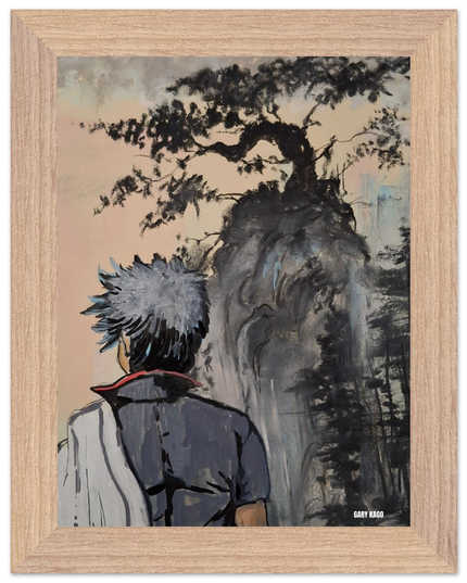 Gintoki pastel sec acrylique imprimé présenté dans un cadre en bois, œuvre de Gary Kago.