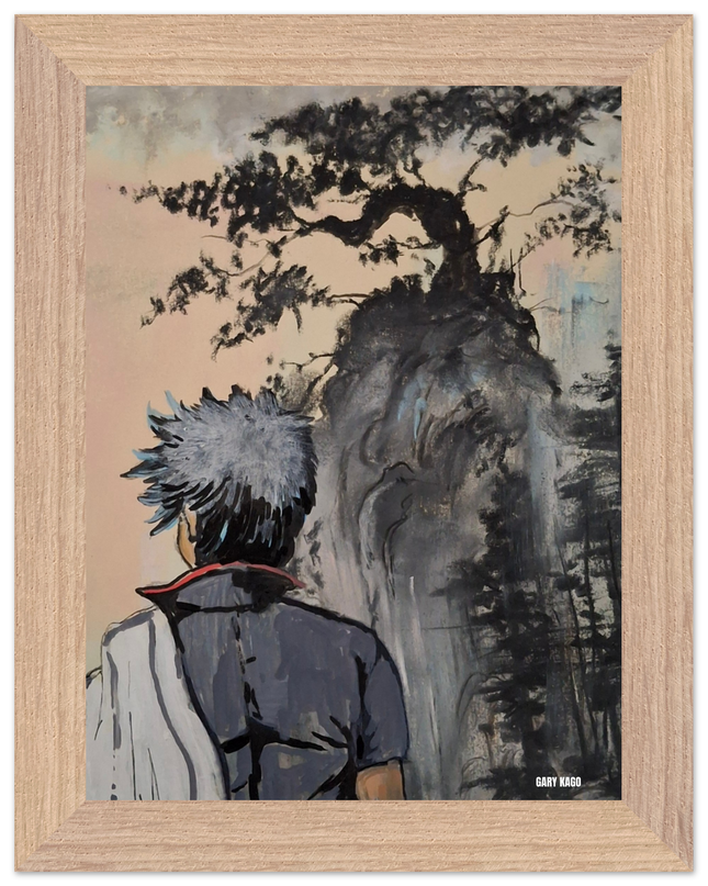 Gintoki pastel sec acrylique imprimé présenté dans un cadre en bois, œuvre de Gary Kago.
