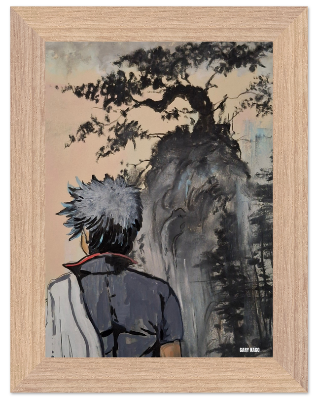 Gintoki pastel sec acrylique imprimé, œuvre de Gary Kago représentant un personnage contemplant un paysage.