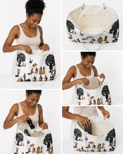 Femme utilisant un sac week-end grand format JOY & FREEDOM pour organiser ses essentiels.