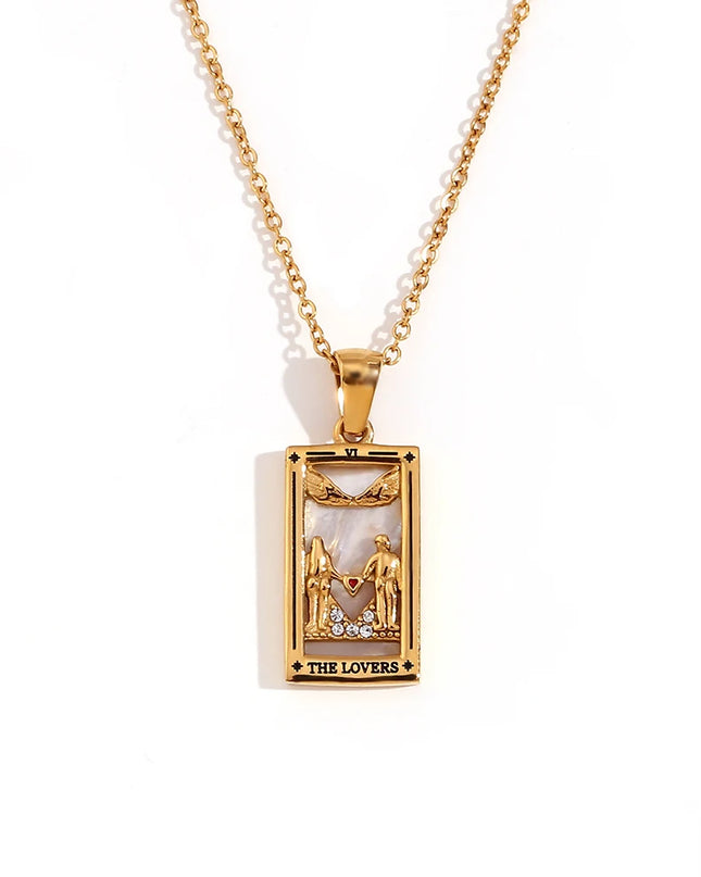 Collana con ciondolo a forma di tarocchi – Acciaio inossidabile e zirconi – Placcata oro 18 carati – Elegante e resistente gioiello da donna
