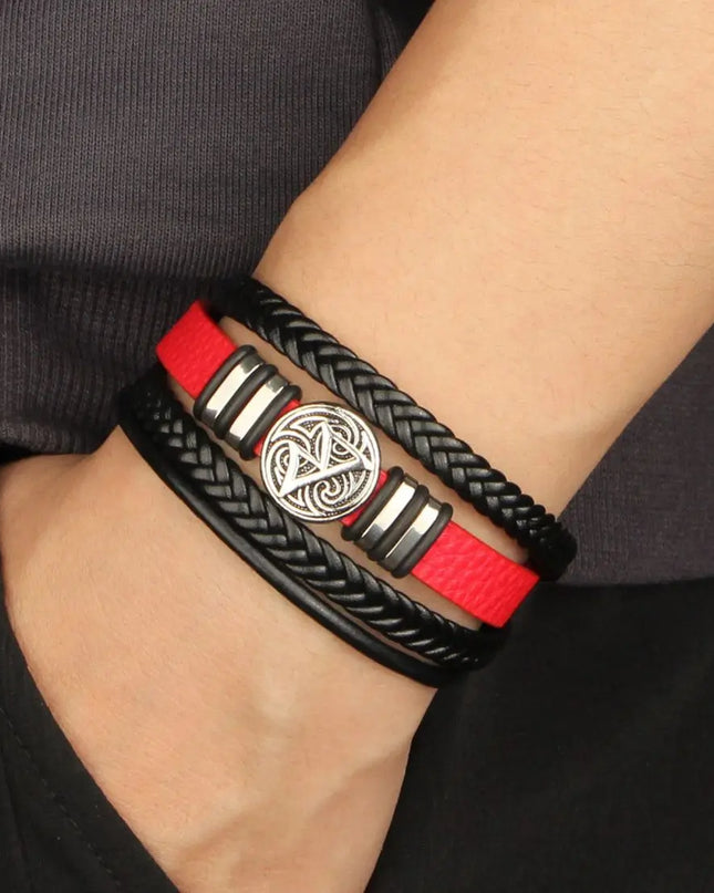 Bracciale multistrato intrecciato in pelle da uomo, bussola e occhio protettivo – Stile alla moda