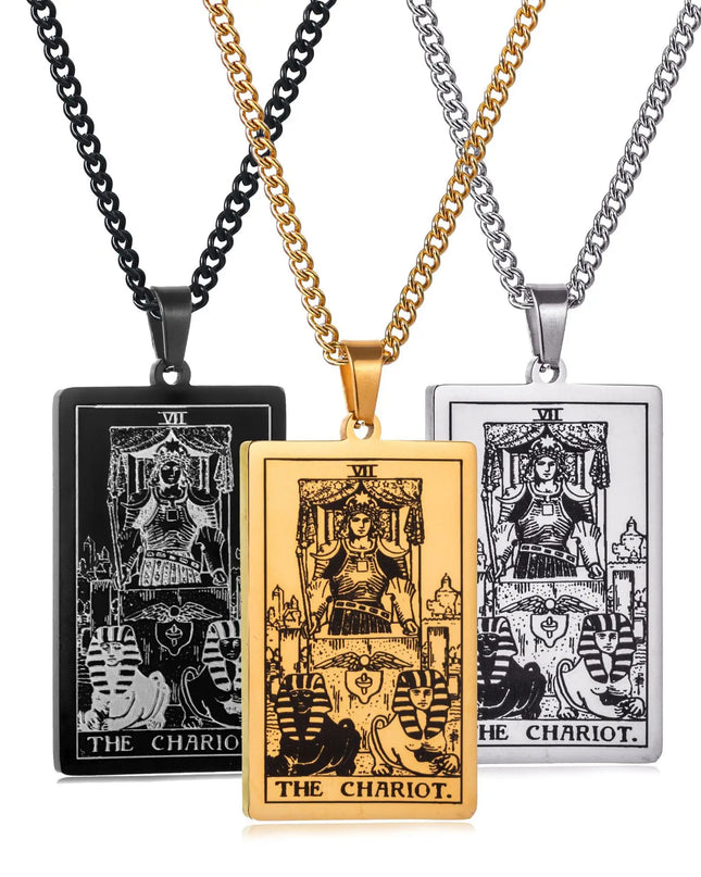 Collana con ciondolo a forma di tarocchi in acciaio inossidabile – Stella / Sole / Luna – Stile etnico unisex