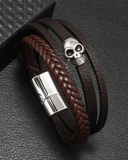 Bracelet en cuir tressé multicouche pour homme, boussole et œil protecteur – Style tendance