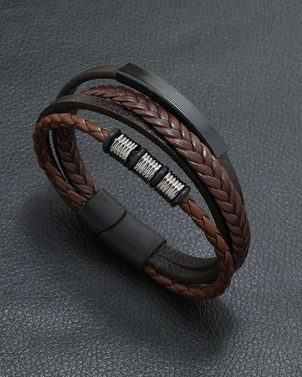 Bracelet en cuir tressé multicouche pour homme, boussole et œil protecteur – Style tendance