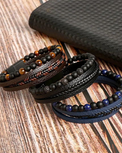 Bracelet homme en cuir multicouche avec perles œil de tigre – Style classique et tendance – Idée cadeau homme.