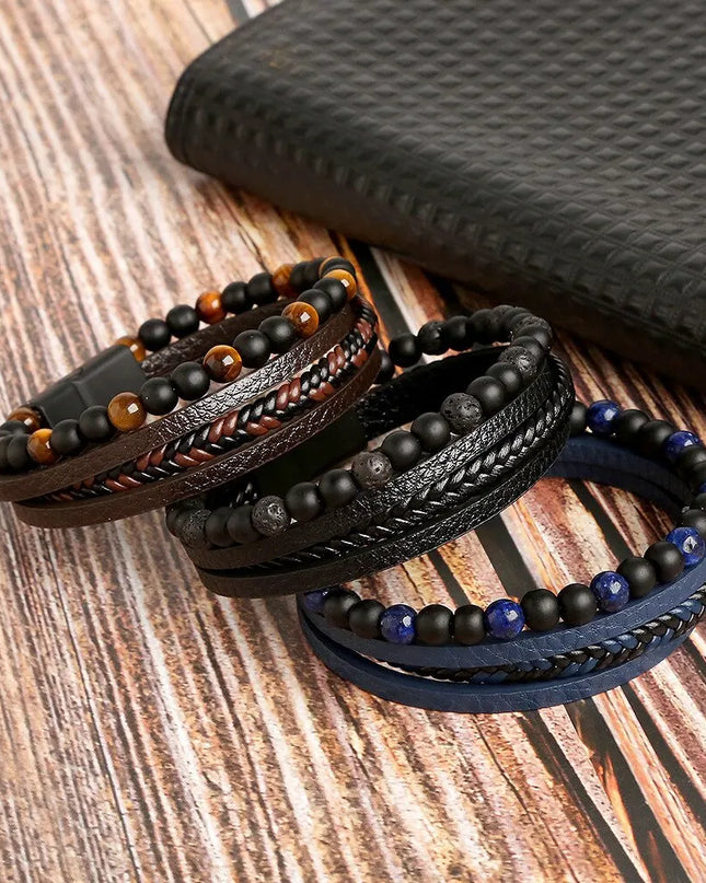 Bracciale da uomo in pelle multistrato con perline occhio di tigre – Stile classico e di tendenza – Idea regalo per uomo.