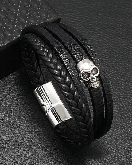 Bracelet en cuir tressé multicouche pour homme, boussole et œil protecteur – Style tendance