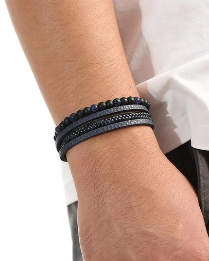 Bracelet homme en cuir multicouche avec perles œil de tigre – Style classique et tendance – Idée cadeau homme.