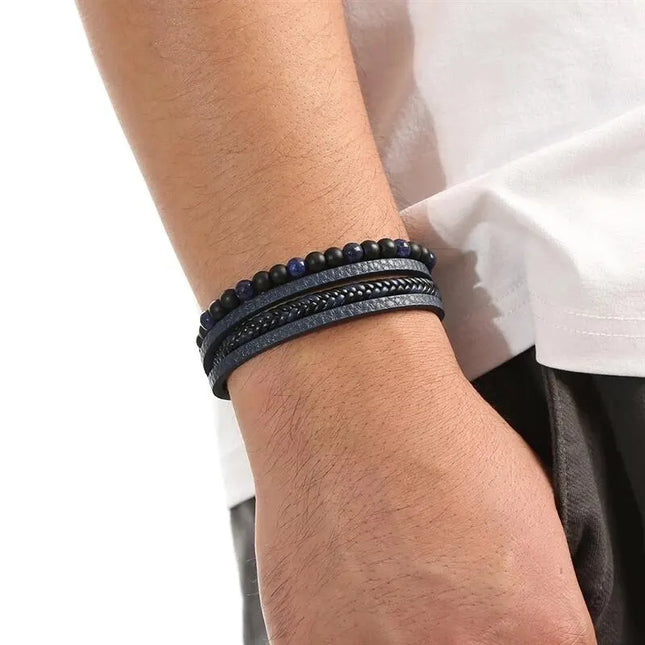 Bracciale da uomo in pelle multistrato con perline occhio di tigre – Stile classico e di tendenza – Idea regalo per uomo.