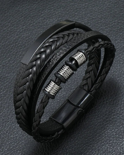 Bracelet en cuir tressé multicouche pour homme, boussole et œil protecteur – Style tendance