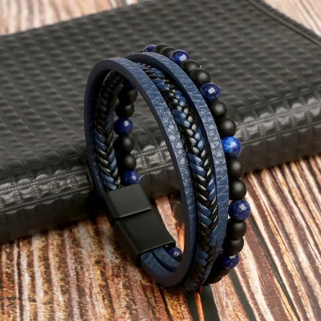 Bracciale da uomo in pelle multistrato con perline occhio di tigre – Stile classico e di tendenza – Idea regalo per uomo.