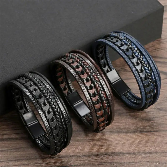 Bracciale da uomo in pelle intrecciata, multistrato, lavorato a mano – 19, 21, 23 cm – Stile punk e classico