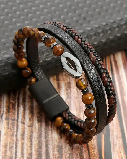 Bracelet en cuir tressé pour homme, multicouche, tissé à la main – 19, 21, 23 cm – Style punk et classique
