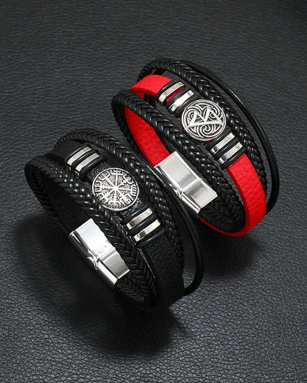 Bracelet en cuir tressé multicouche pour homme, boussole et œil protecteur – Style tendance