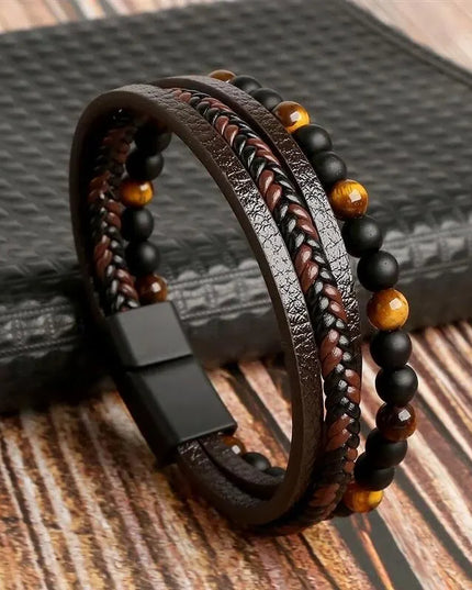 Bracelet homme en cuir multicouche avec perles œil de tigre – Style classique et tendance – Idée cadeau homme.