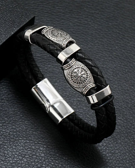 Bracelet en cuir tressé multicouche pour homme, boussole et œil protecteur – Style tendance