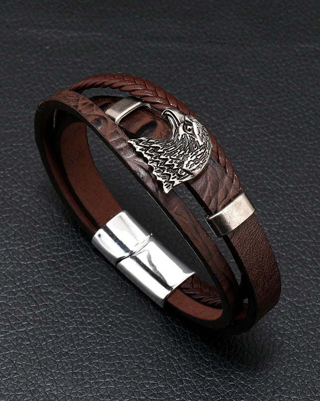 Bracciale multistrato intrecciato in pelle da uomo, bussola e occhio protettivo – Stile alla moda