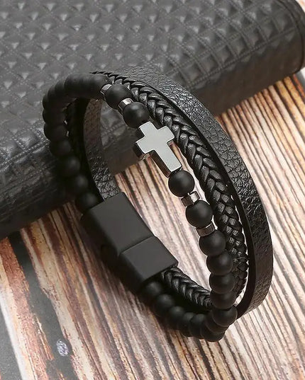 Bracelet en cuir tressé pour homme, multicouche, tissé à la main – 19, 21, 23 cm – Style punk et classique