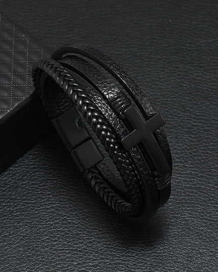 Bracelet en cuir tressé multicouche pour homme, boussole et œil protecteur – Style tendance