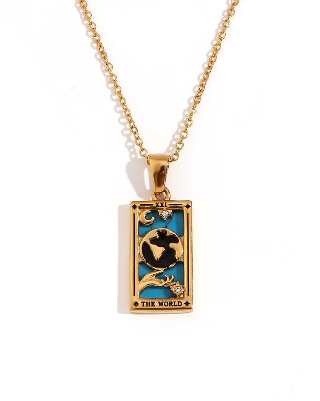 Collana con ciondolo a forma di tarocchi – Acciaio inossidabile e zirconi – Placcata oro 18 carati – Elegante e resistente gioiello da donna