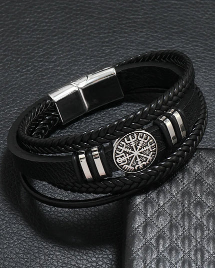 Bracelet en cuir tressé multicouche pour homme, boussole et œil protecteur – Style tendance