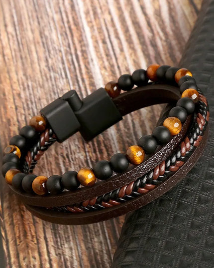 Bracelet homme en cuir multicouche avec perles œil de tigre – Style classique et tendance – Idée cadeau homme.