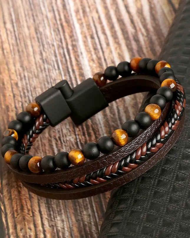 Bracciale da uomo in pelle multistrato con perline occhio di tigre – Stile classico e di tendenza – Idea regalo per uomo.