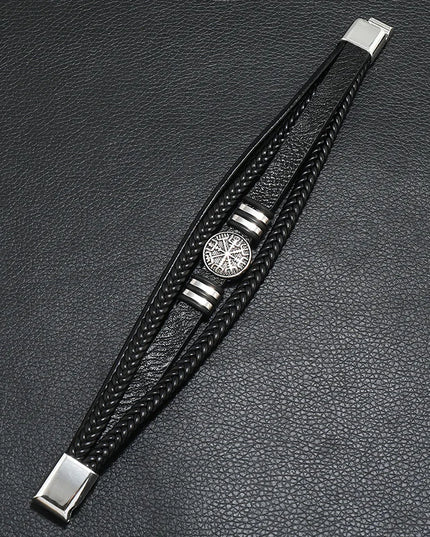 Bracelet en cuir tressé multicouche pour homme, boussole et œil protecteur – Style tendance