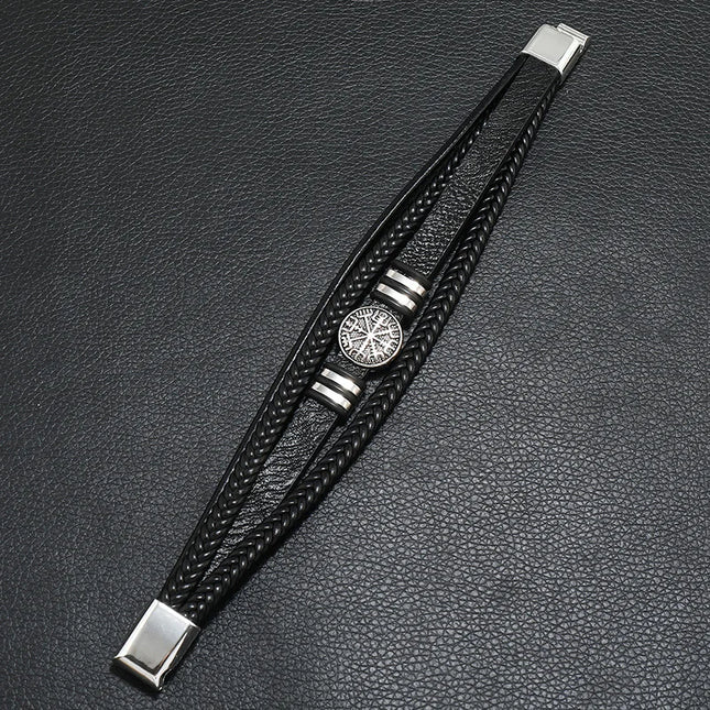 Bracciale multistrato intrecciato in pelle da uomo, bussola e occhio protettivo – Stile alla moda