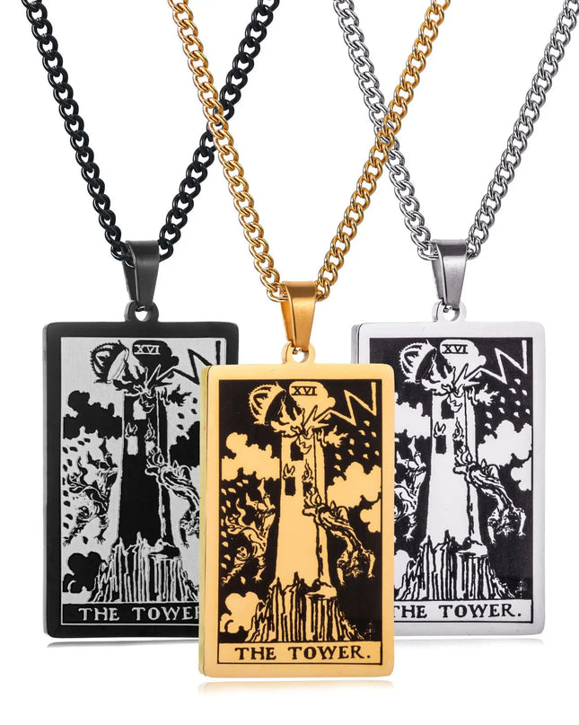 Collana con ciondolo a forma di tarocchi in acciaio inossidabile – Stella / Sole / Luna – Stile etnico unisex