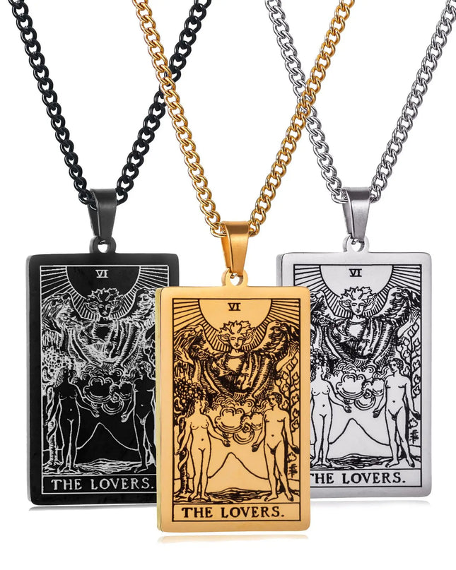 Collana con ciondolo a forma di tarocchi in acciaio inossidabile – Stella / Sole / Luna – Stile etnico unisex