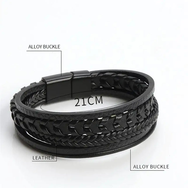 Bracciale da uomo in pelle intrecciata, multistrato, lavorato a mano – 19, 21, 23 cm – Stile punk e classico
