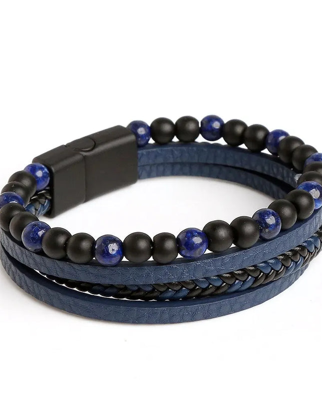 Bracciale da uomo in pelle multistrato con perline occhio di tigre – Stile classico e di tendenza – Idea regalo per uomo.