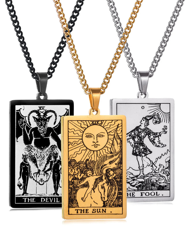 Collana con ciondolo a forma di tarocchi in acciaio inossidabile – Stella / Sole / Luna – Stile etnico unisex
