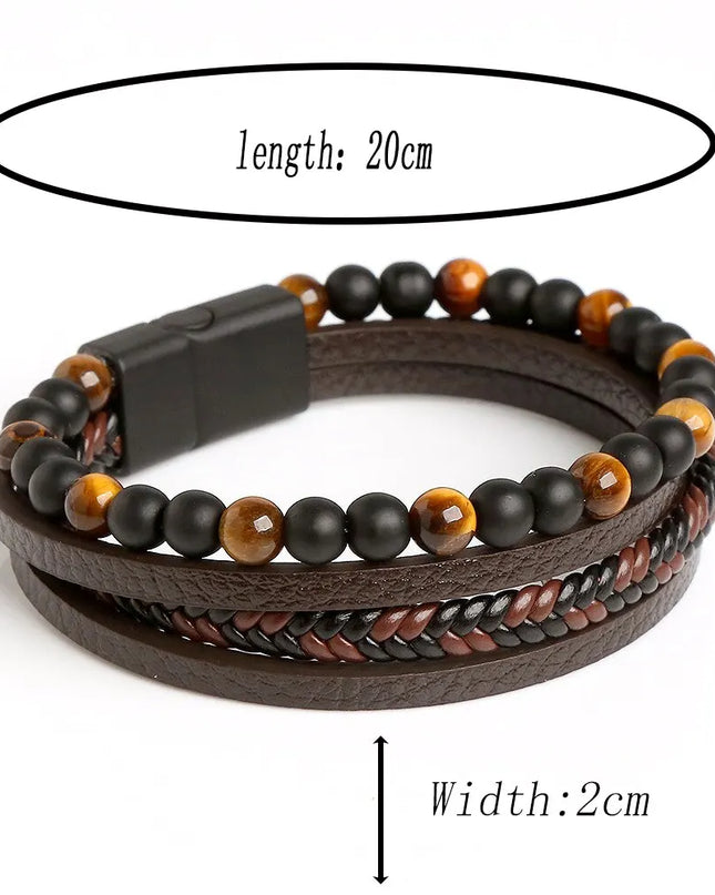 Bracciale da uomo in pelle multistrato con perline occhio di tigre – Stile classico e di tendenza – Idea regalo per uomo.