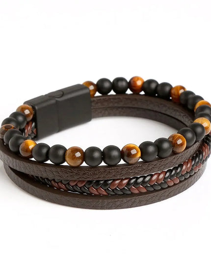 Bracelet homme en cuir multicouche avec perles œil de tigre – Style classique et tendance – Idée cadeau homme.