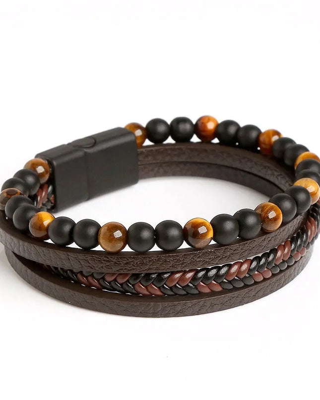 Bracciale da uomo in pelle multistrato con perline occhio di tigre – Stile classico e di tendenza – Idea regalo per uomo.