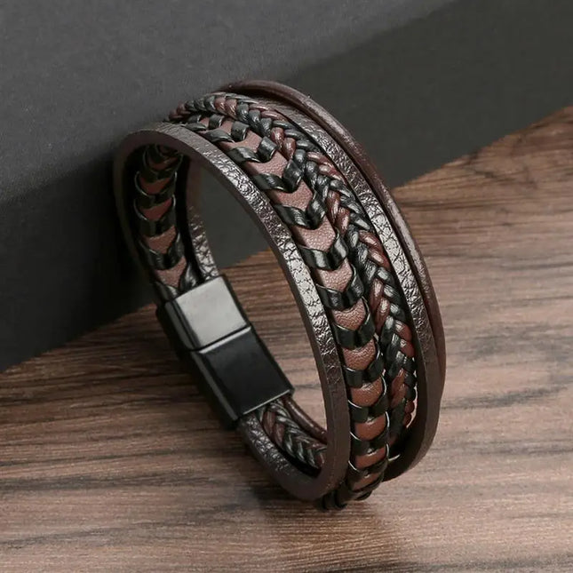 Bracciale da uomo in pelle intrecciata, multistrato, lavorato a mano – 19, 21, 23 cm – Stile punk e classico